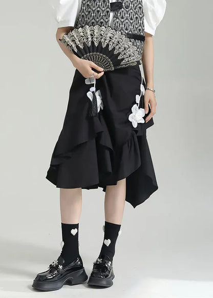 Black Wrinkled Asymmetrical Patchwork Cotton Skirt Fall