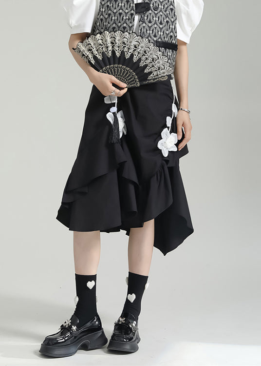 Black Wrinkled Asymmetrical Patchwork Cotton Skirt Fall