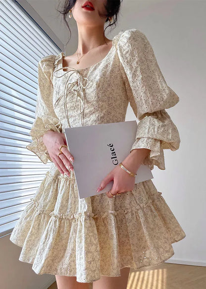 Beige Square Collar Ruffled Print Cotton Dress Two Piece Set Long Sleeve