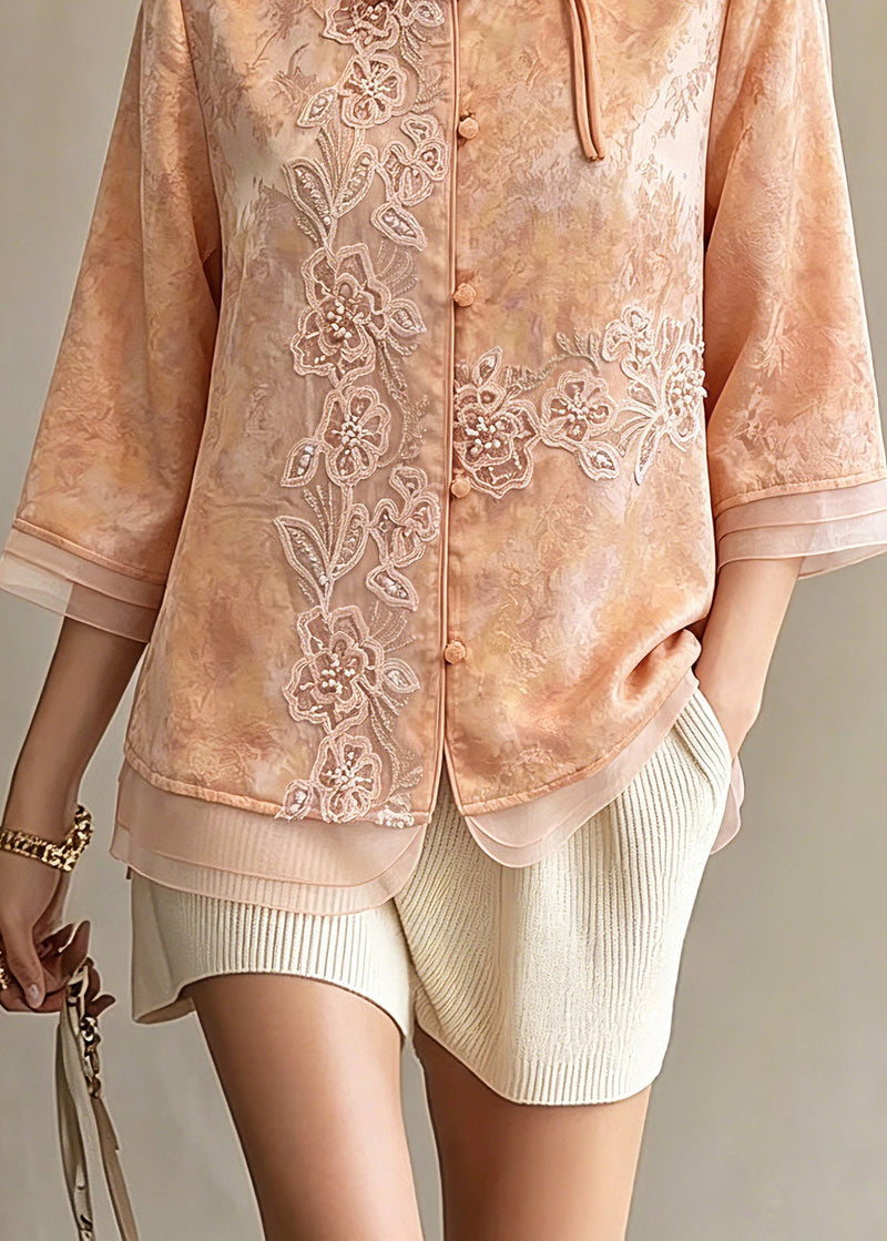 Orange Embroidered Patchwork Button Shirts Spring