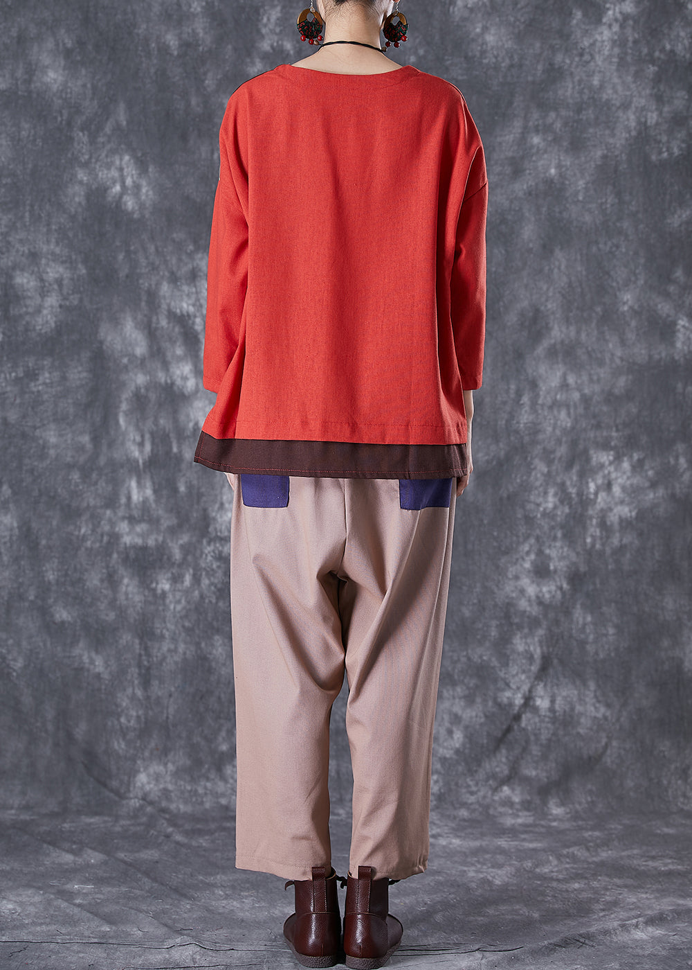 Red Oversized Patchwork Cotton Two Piece Set Clothing Fall