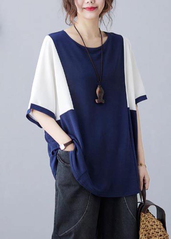 Handmade Blue Patchwork Batwing Sleeve Shirt Top Summer
