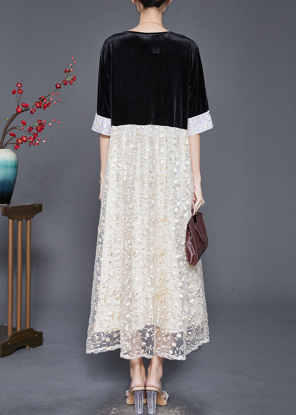 Black V Neck Patchwork Lace Silk Velour Long Dresses Half Sleeve