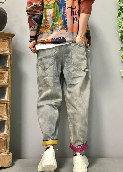 Light Blue Patch Applique Denim Pants Spring