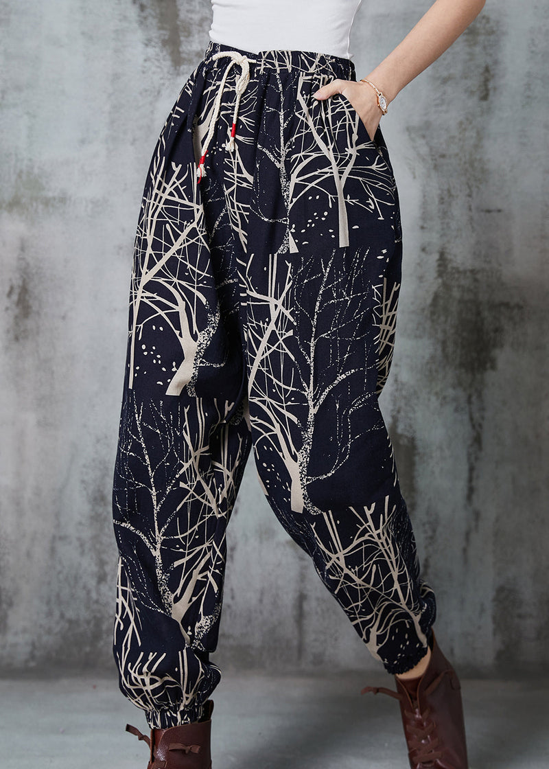 Black Oversized Print Cotton Harem Pants Spring