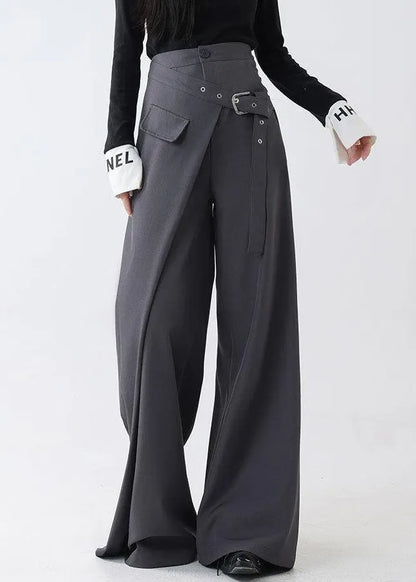 Grey False Two Pieces Spandex Fall Wide Leg Pants Pockets