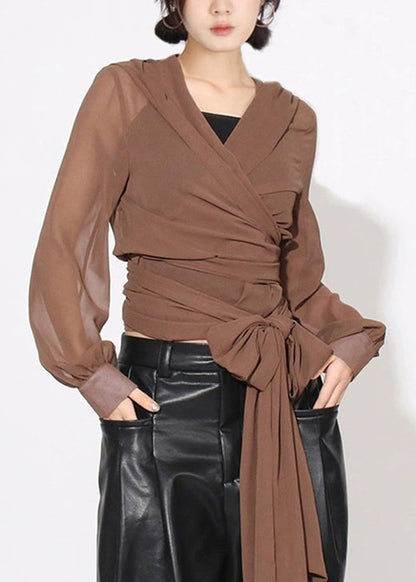 New Coffee Cross Tied Bow Chiffon Hooded Shirt Top Autumn
