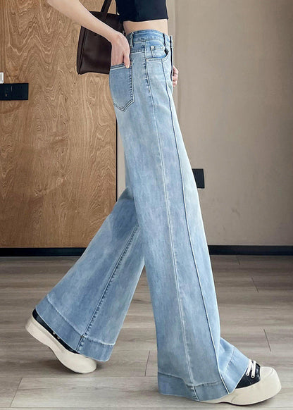 Light Blue Pockets Patchwork Denim Pants Fall