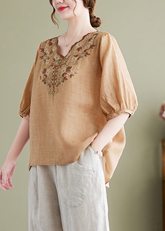 Khaki V Neck Cotton T Shirt Half Sleeve