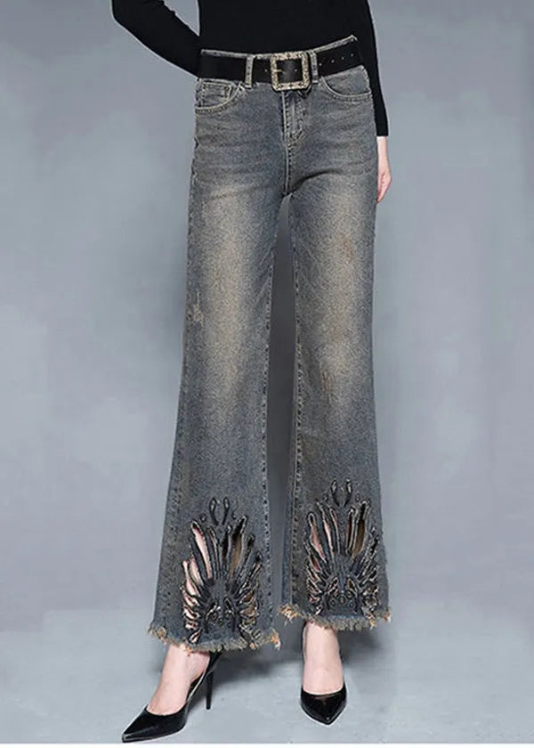 French Blue High Waist Pockets Hollow Out Cotton Denim Flare Pants Summer