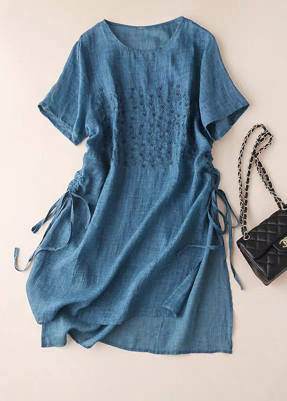 Blue O-neck Embroideried Cotton Dress Short Sleeve