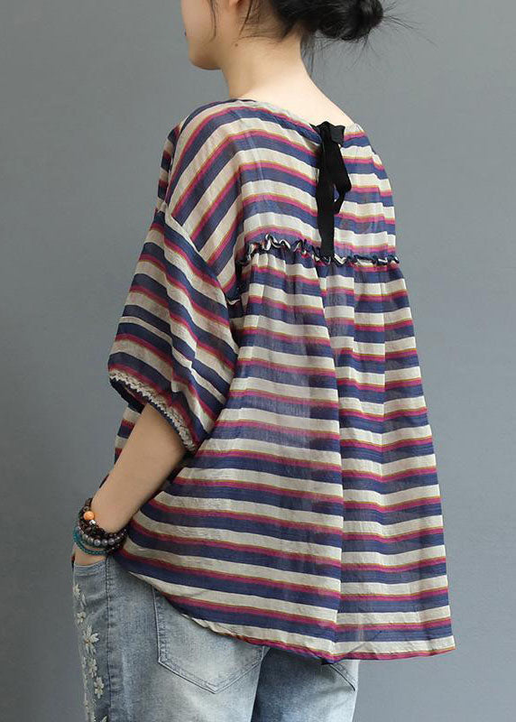 Striped O-neck Asymmetrical Design Print Fall Top