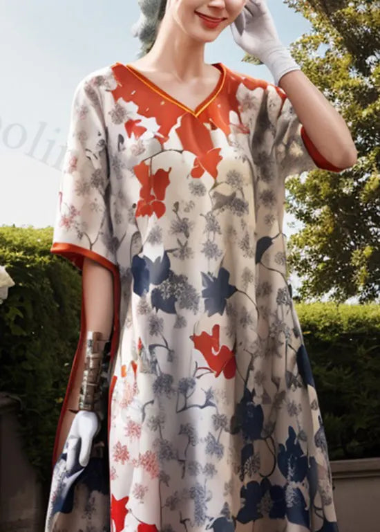 Organic V Neck Print Silk Dress Summer