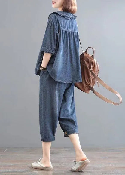 Classy Blue Wrinkled Embroideried Tops and Pants Denim Two Pieces Set Summer