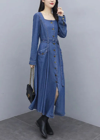 Italian Blue Square Collar Button Pockets Sashes Cotton Denim Long Dresses Long Sleeve