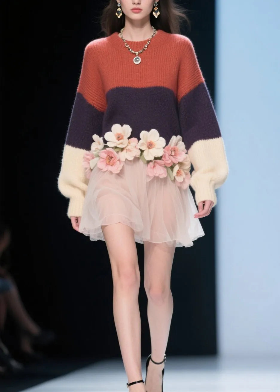 Modern Colorblock O Neck Tulle Knit Dress Fall