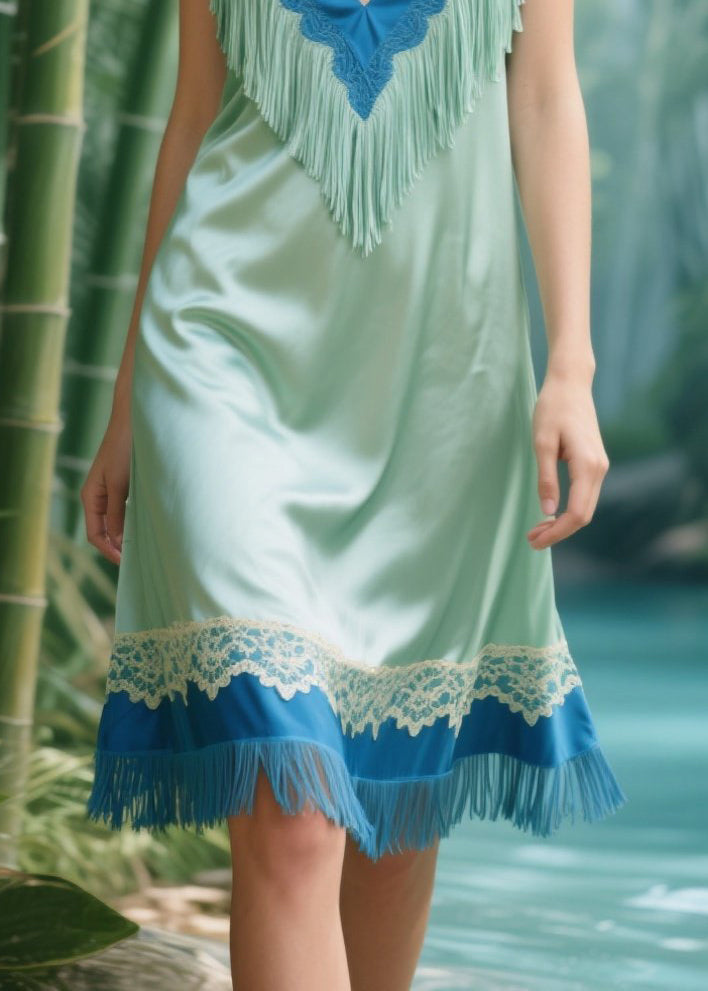 Light Green Tasseled Patchwork Silk Mid Dress Summer