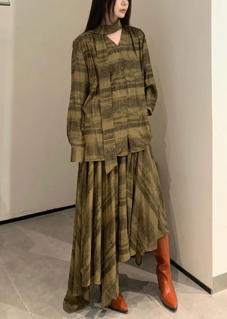 Green Plaid Asymmetrical Cotton Two Pieces Set Spring