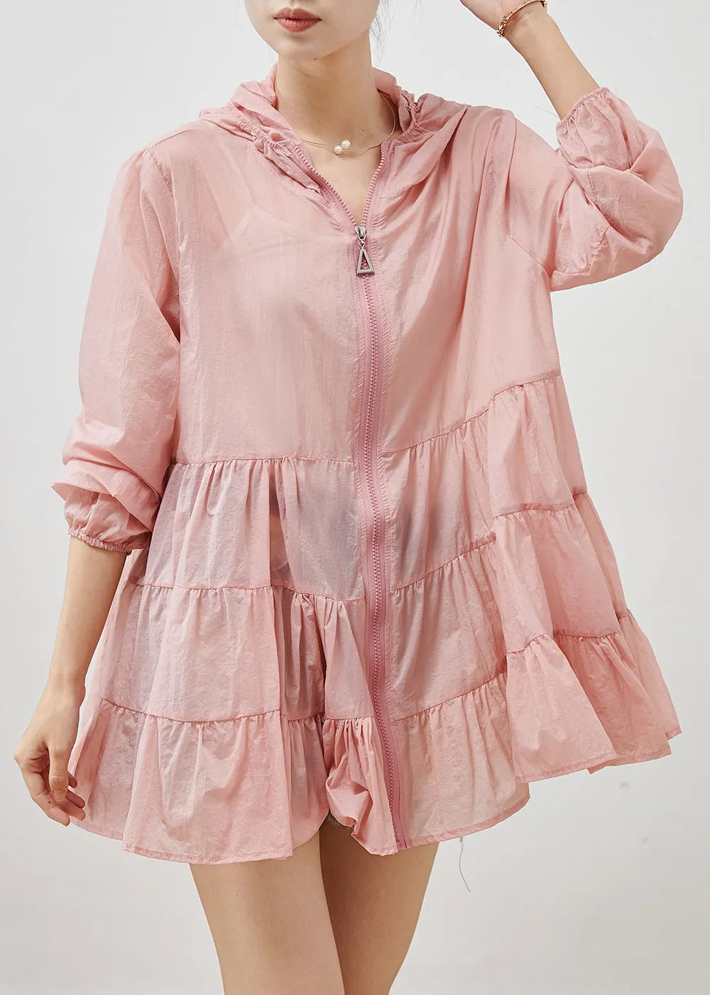 Pink Spandex Upf 50+ Coats Hooded Wrinkled Summer