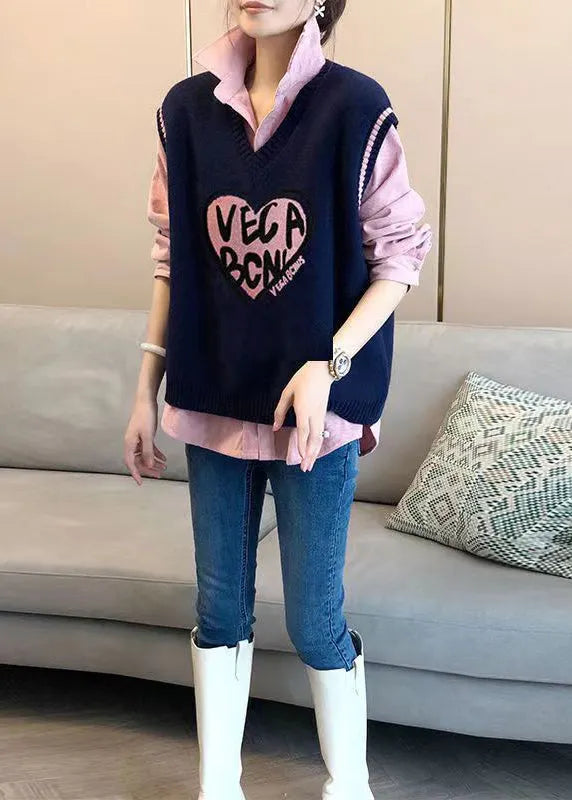 Modern Pink Shirts and Navy Vest Knit Two Pieces Set Fall