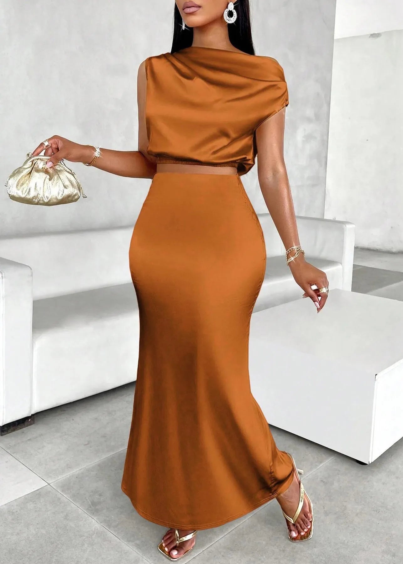 Simple Orange Tops and Skirts Silk Two Pieces Set Summer