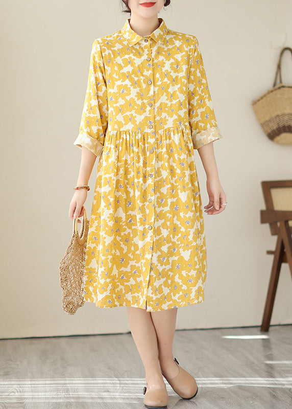 Yellow Peter Pan Collar Print Cotton Shirts Dresses Fall