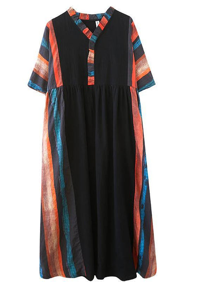 V Neck Patchwork Summer Dress Outfits Multicolor Striped Maxi Dress