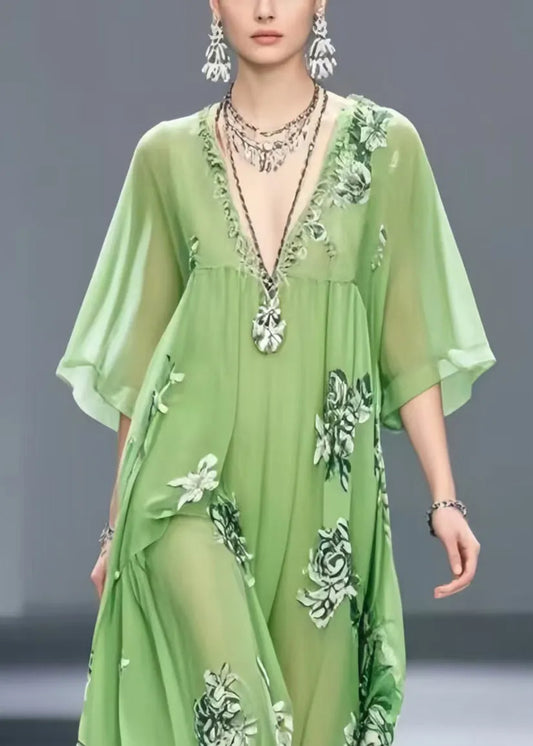 Light Green Print Chiffon Maxi Dress Exra Large Hem Summer