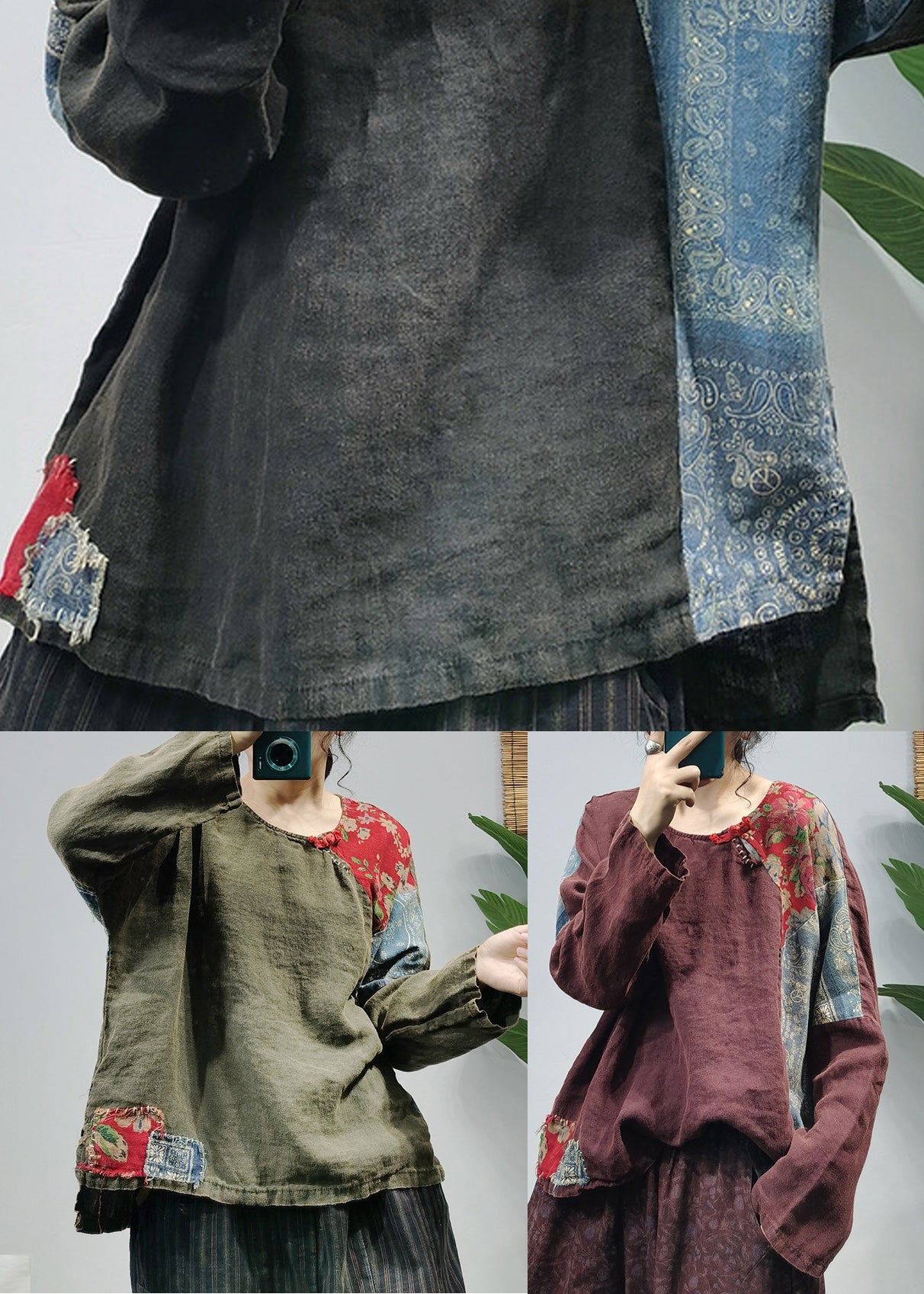 Green Print Linen Shirt Tops O-neck Button Long Sleeve