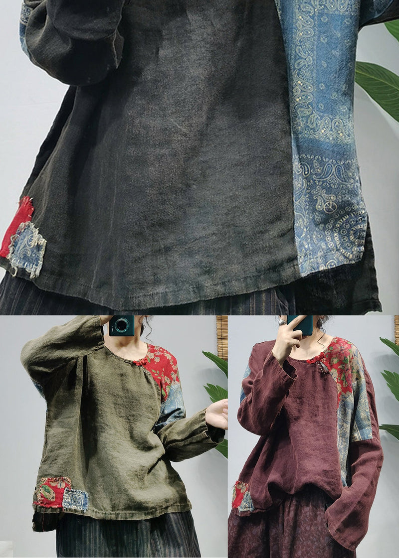 Green Print Linen Shirt Tops O-neck Button Long Sleeve