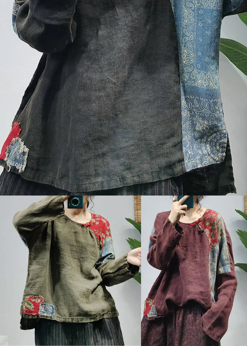Black Low High Design Linen Blouses Top Long Sleeve