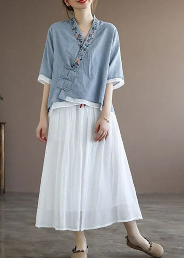 Chinese Style Lake Yellow Leopard Print V Neck Double-deck Cotton Top Half Sleeve