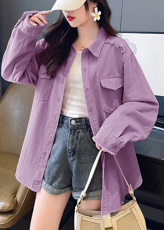 Pink Peter Pan Collar Pockets Denim Shirts Coat Fall