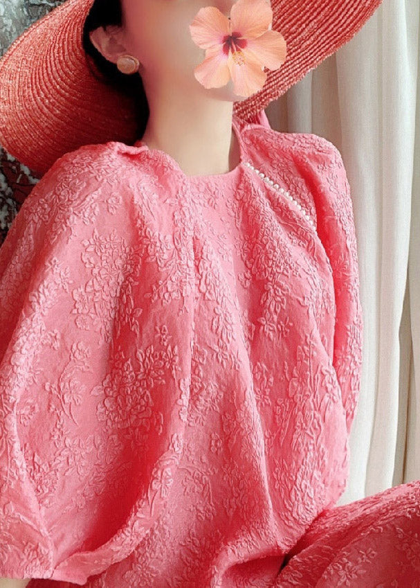 Loose Red O-neck Silk Maxi Dresses Puff Sleeve