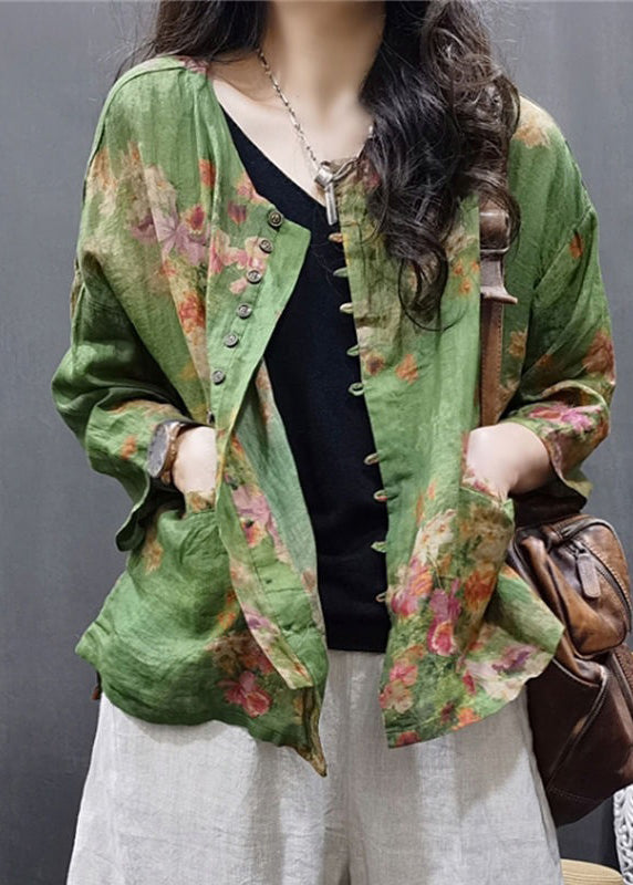 Green O-neck Pockets Linen Shirt Spring