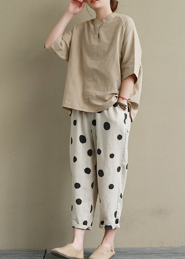 Khaki Top and Crop Pants Two Pieces Set Summer