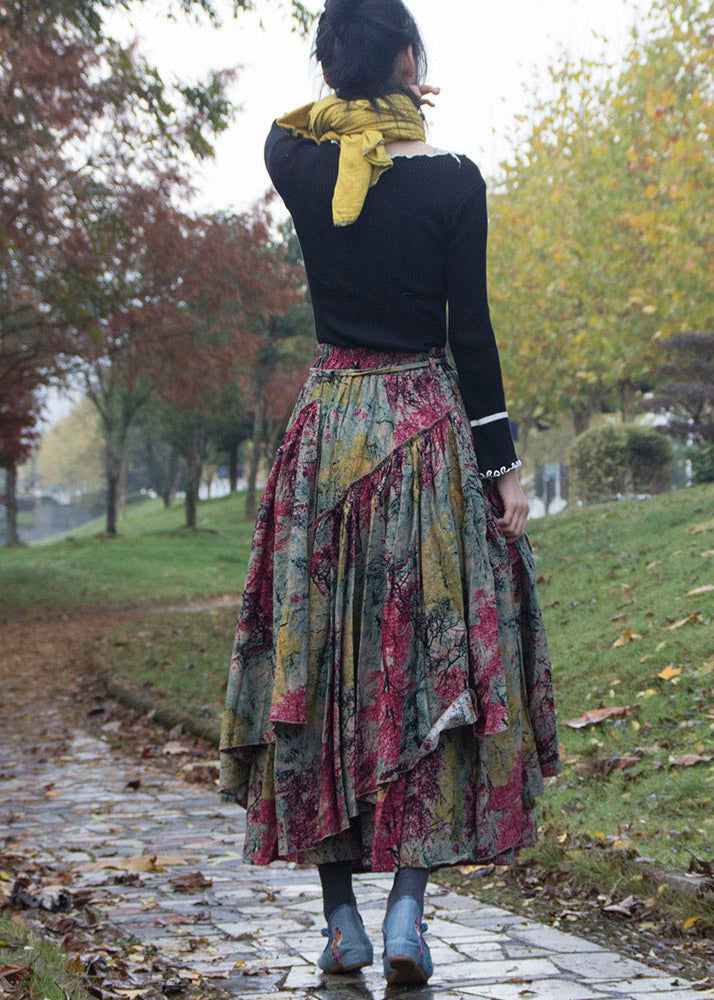Print Wrinkled Asymmetrical Patchwork Cotton Skirts Fall