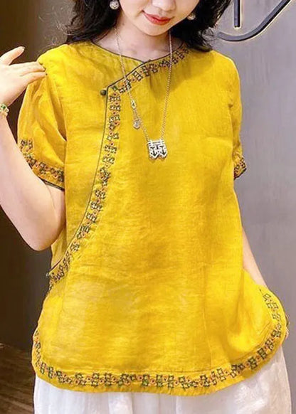 Chinese Style Yellow O-neck Embroideried Linen Tops Short Sleeve