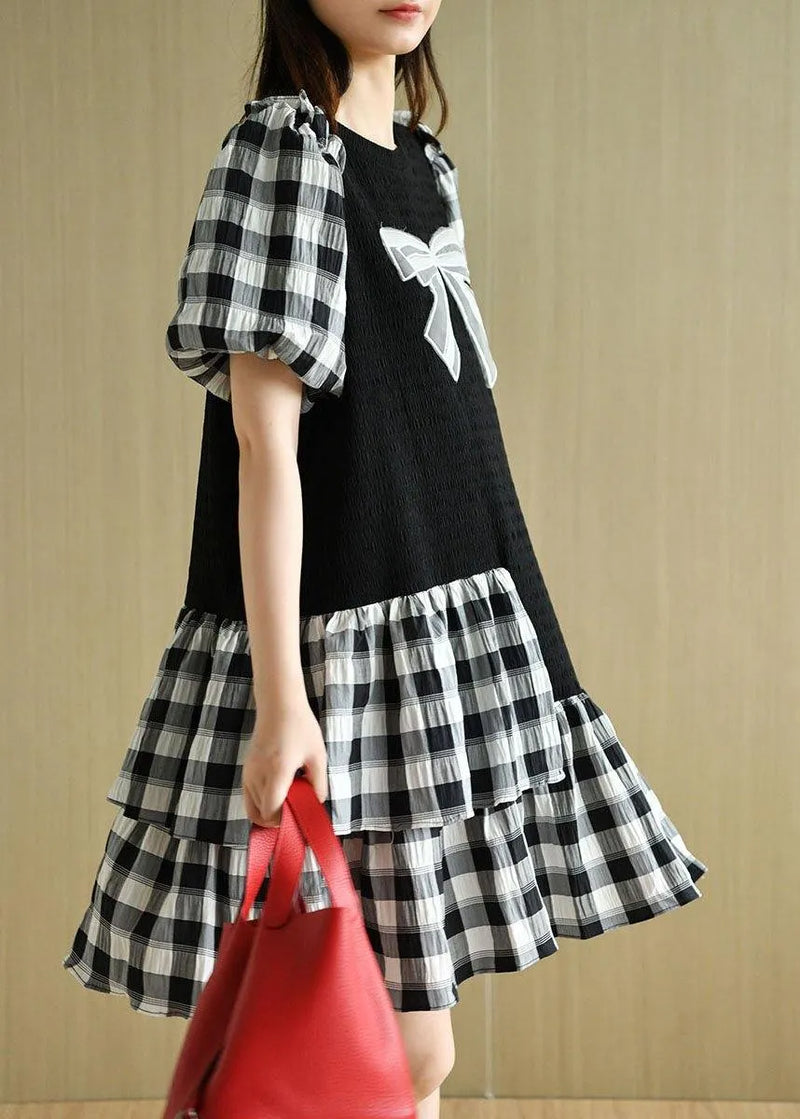 French Black Patchwork Plaid Summer Puff Sleeve Dresses