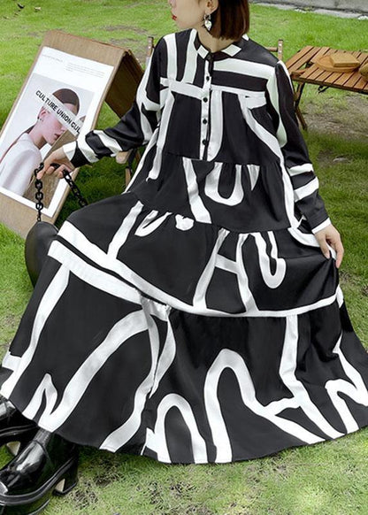 Italian Black Patchwork Button Print Fall Long Sleeve Party Dress
