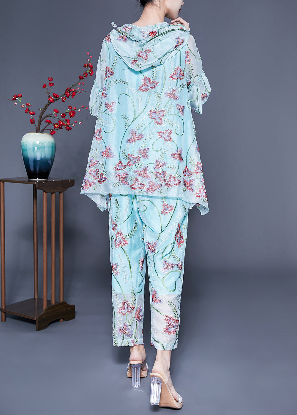 Light Blue Hooded Ruffled Print Silk Two Pieces Set Flare Sleeve