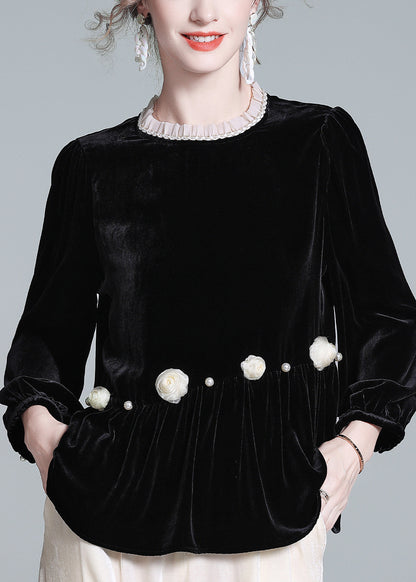 French Black O-neck Wrinkled Silk Velour Top Lantern Sleeve