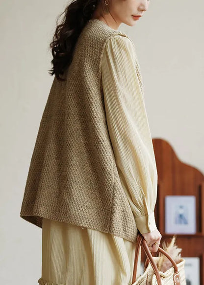 Khaki Embroideried Button Patchwork Knit Waistcoat Sleeveless