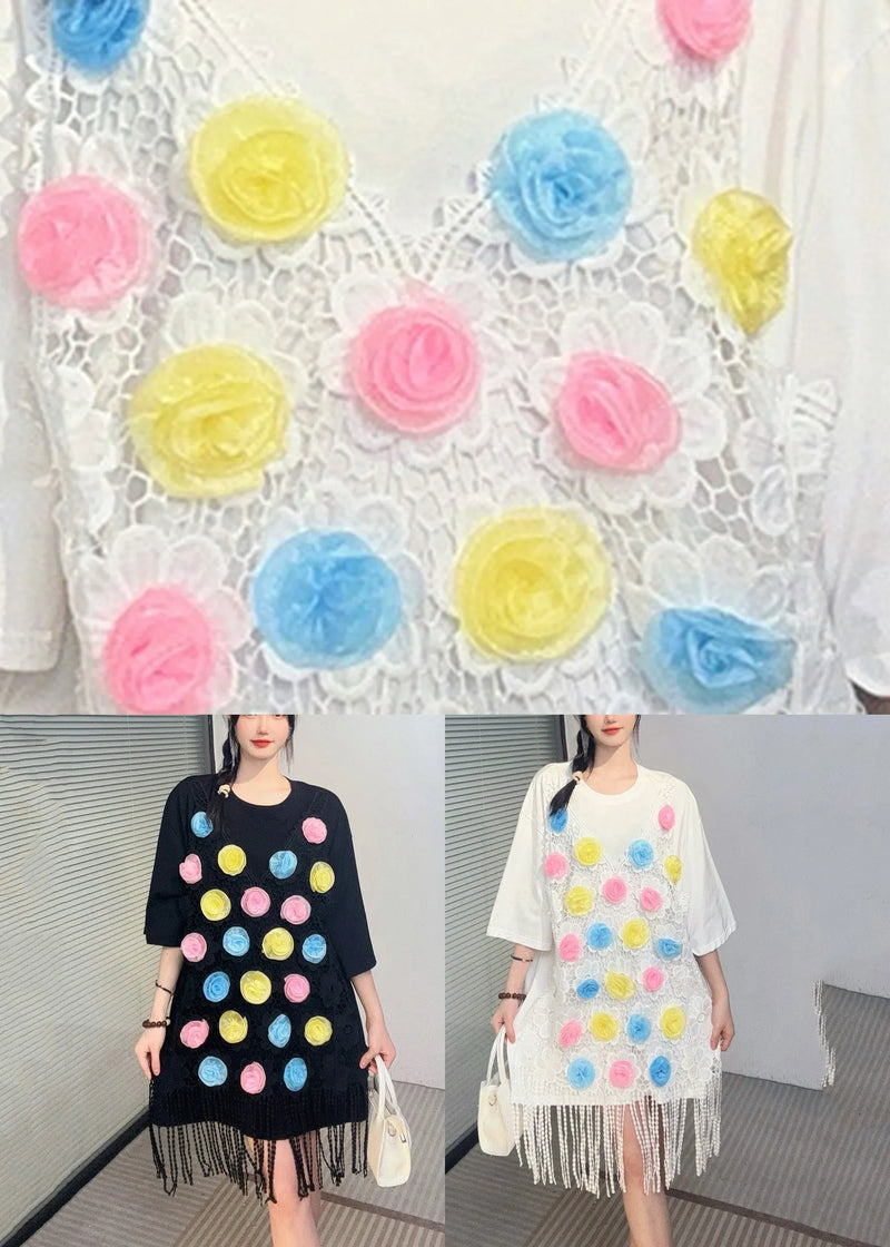Loose Black O-neck Lace Patchwork Mid T Shirt Dresses Summer