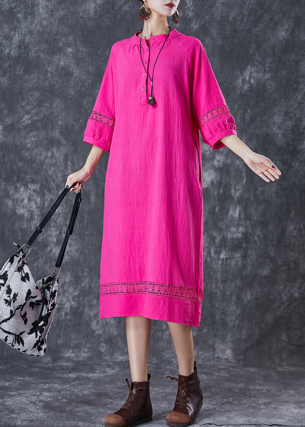 Rose Oversized Patchwork Cotton Vacation Dresses Bracelet Sleeve