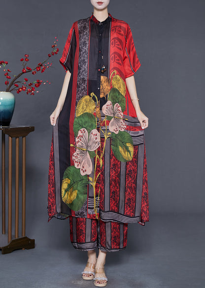 Boutique Red Oversized Print Silk Two-piece Set Summer