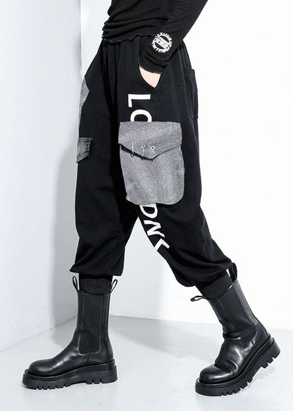Black Pockets Cotton Harem Pants Spring