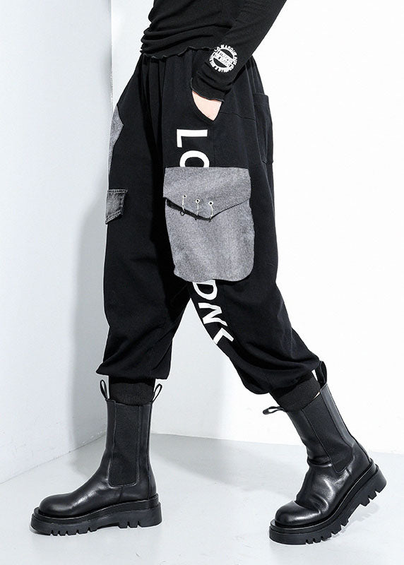 Black Pockets Cotton Harem Pants Spring