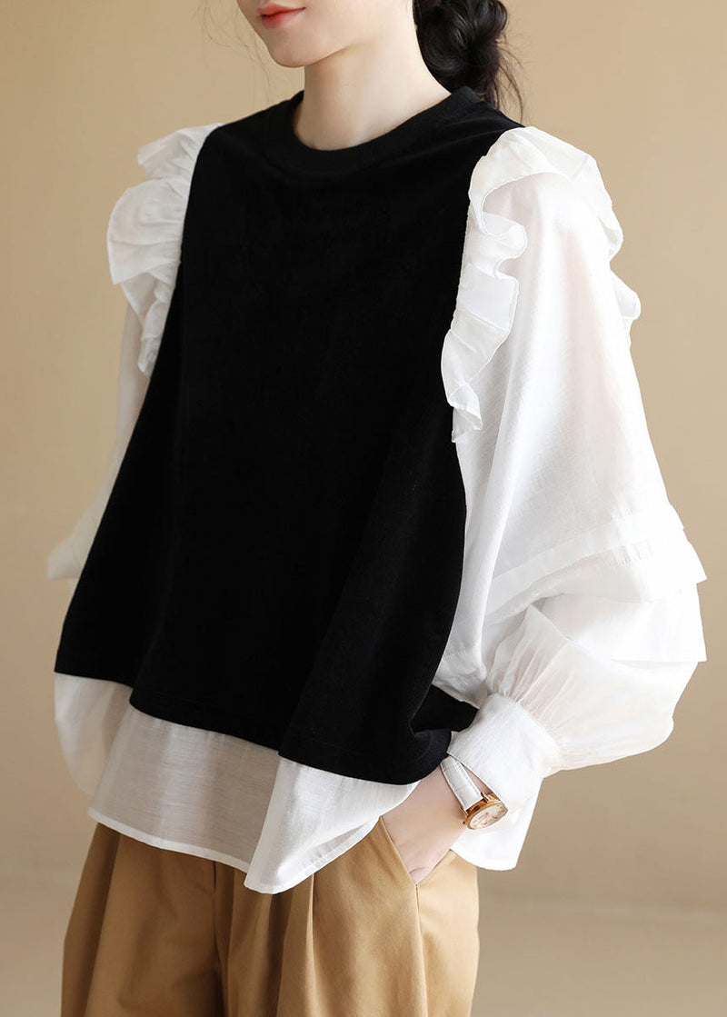 Unique Black White O-neck Ruffles Patchwork Cotton Fake Two Piece Shirt Long Sleeve