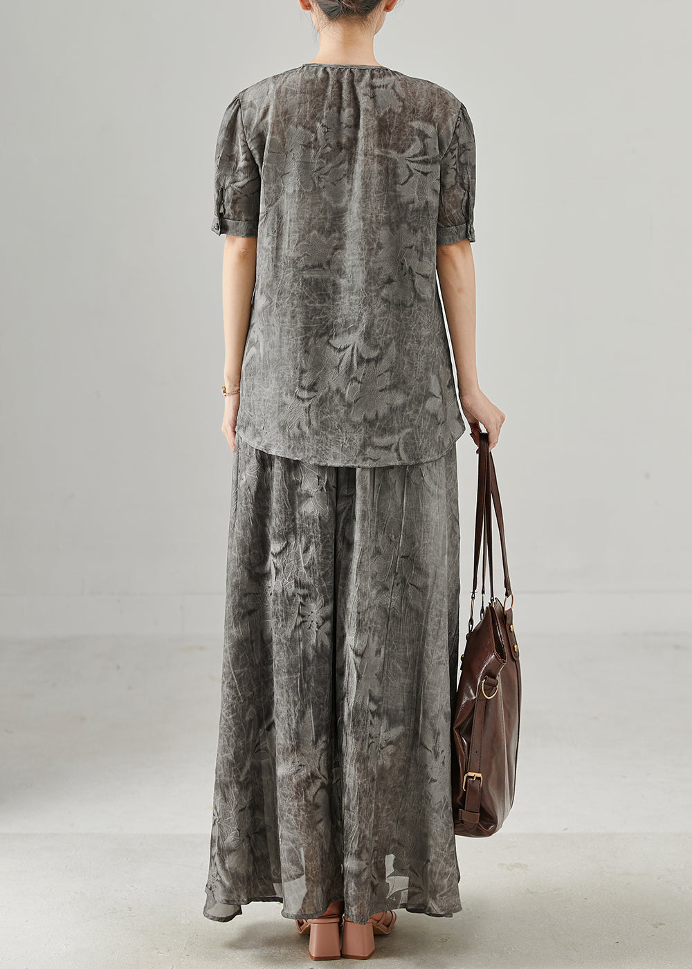 Grey Print Wrinkled Chiffon Two Pieces Set Summer